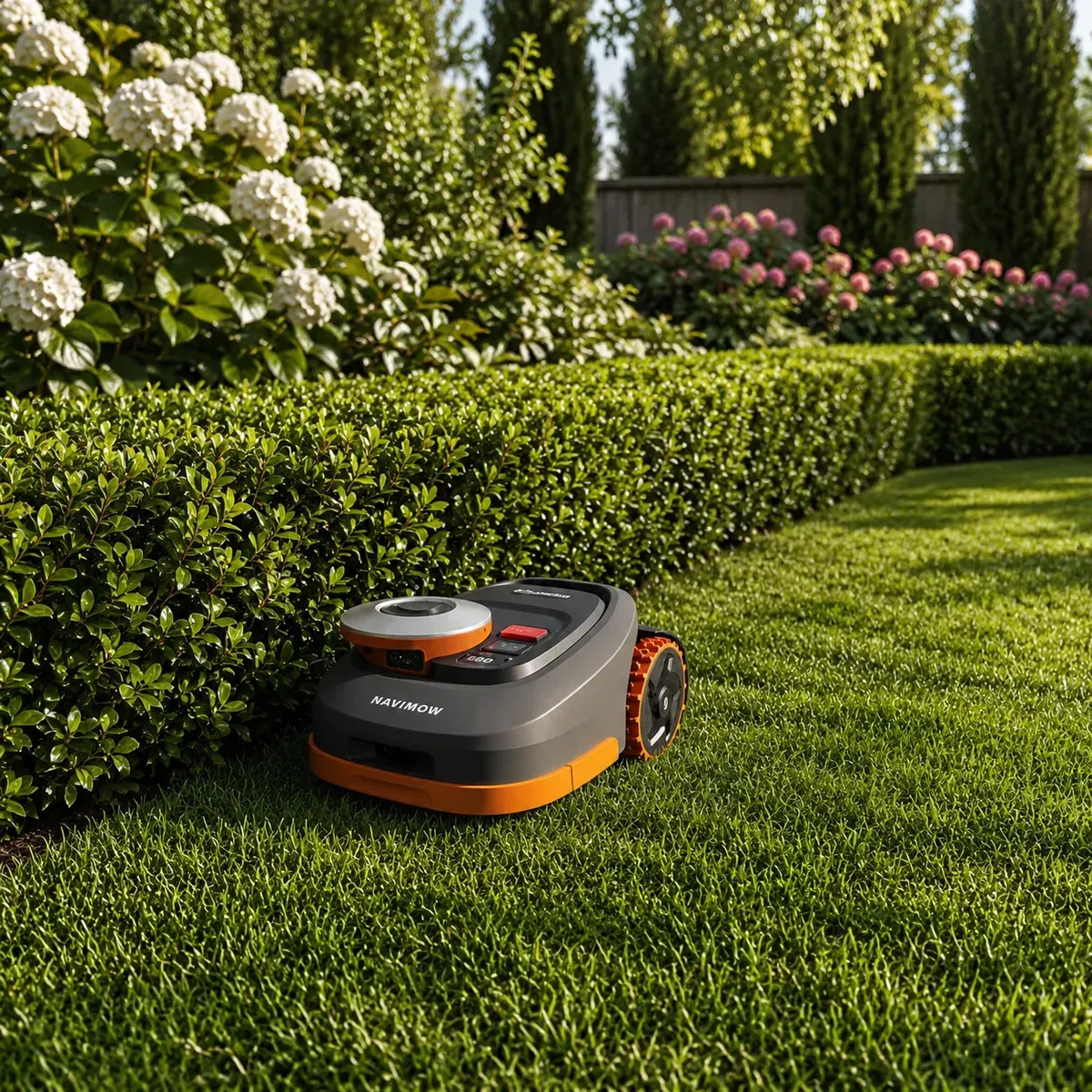 Segway Navimow robotfűnyíró gondozott kertben sövény mellett — pontos telepítés