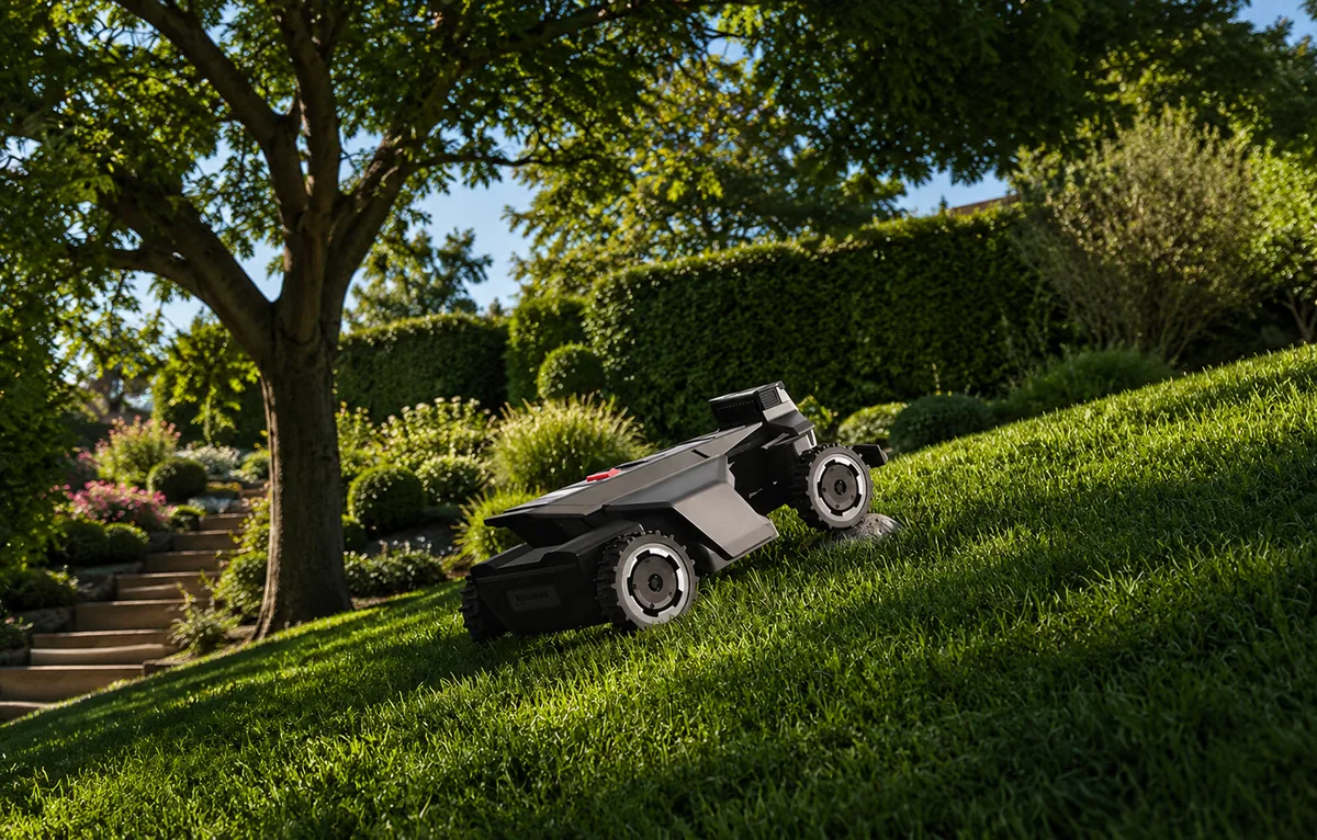 Segway Navimow robotfűnyíró meredek lejtős kertrészen dolgozik, lépcsős teraszosítás mellett